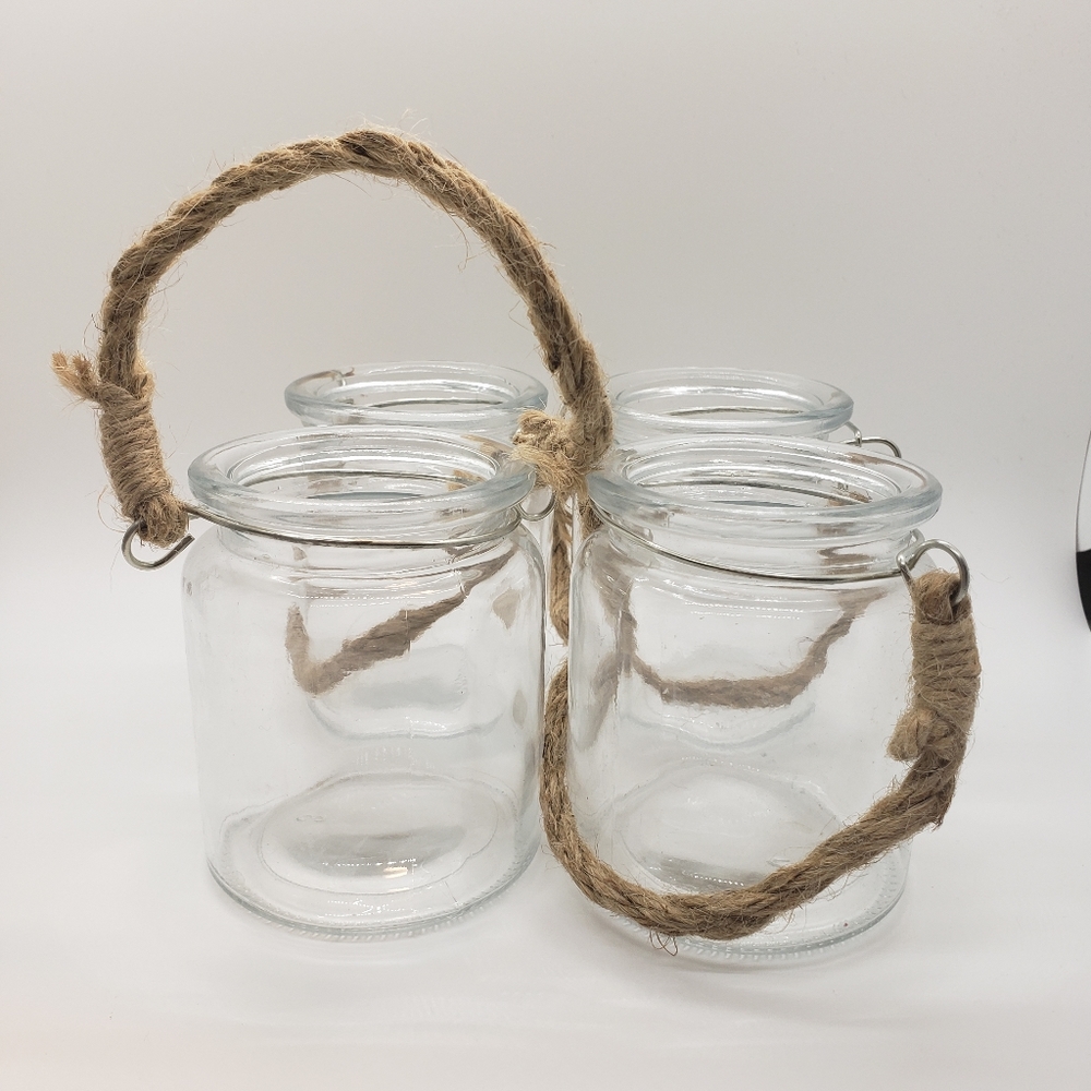 Small glass jars with rope handles set of 4